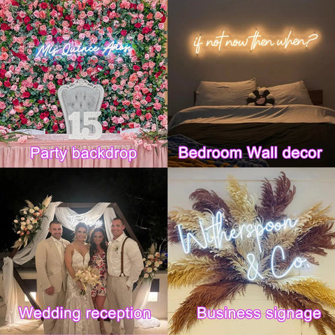 Collage of personalized neon LED signs for weddings, bedroom wall, party backdrop, and business signage with various decor settings.