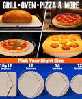 Variety of pizza stones with bread, pizza, and cookies shown on 16 Inch Pizza Stone For Oven And Grill With Handles Round Five Eighth Inch Thick Cordierite Baking Stone For Crispy Grill Ready Chef Grade Crust Heat Resistant Up To 1800F Includes Stainless Rack And Plastic Scraper Tool