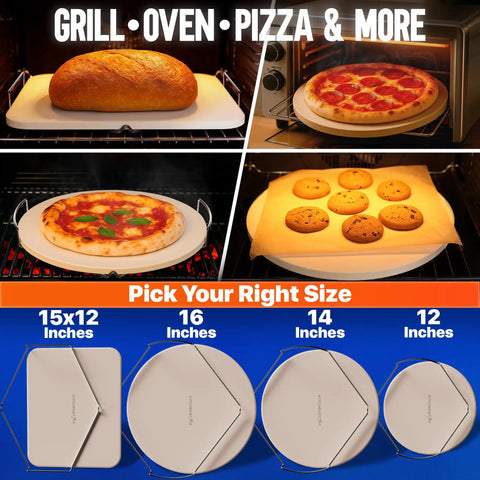 Variety of pizza stones with bread, pizza, and cookies shown on 16 Inch Pizza Stone For Oven And Grill With Handles Round Five Eighth Inch Thick Cordierite Baking Stone For Crispy Grill Ready Chef Grade Crust Heat Resistant Up To 1800F Includes Stainless Rack And Plastic Scraper Tool