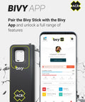 Global Satellite Messenger With Two Way SMS, GPS Tracking, Off Grid Communication, SOS Emergency Beacon, Location Sharing, And Satellite Messaging Across iOS And Android Apps next to smartphone showing Bivy app interface.