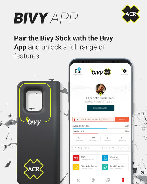 Global Satellite Messenger With Two Way SMS, GPS Tracking, Off Grid Communication, SOS Emergency Beacon, Location Sharing, And Satellite Messaging Across iOS And Android Apps next to smartphone showing Bivy app interface.