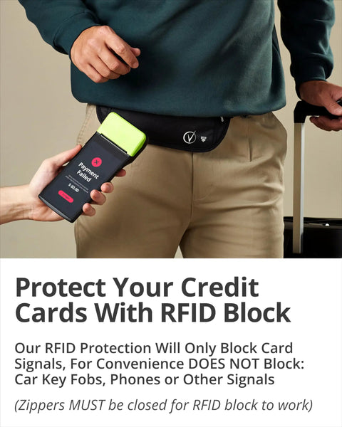 Ultra Slim RFID Money Belt With Hidden Passport Pocket For Travel displayed on waist, showing RFID blocking feature