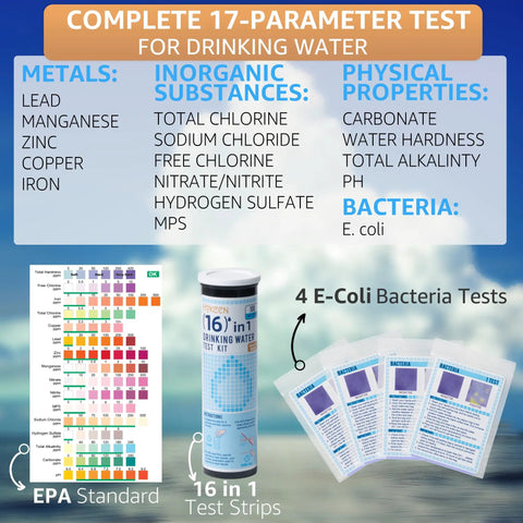 17 in 1 Drinking Water Test Kit With 100 Strips And 4 Bacteria Tests For Tap, Well And Home Water Quality, Easy To Test Read And Detect Hardness Lead Iron pH Copper Bacteria And More, EPA chart and test strips