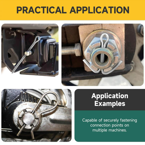 Practical application of 620 Piece Cotter Pin Kit With Zinc Plated Steel Pins, Hairpin Cotter Pins And R Clips in machinery.