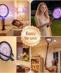 Three In One Rechargeable Electric Fly Swatter With 4200V Bug Zapper, Telescopic Extension, handheld and wall mounted.