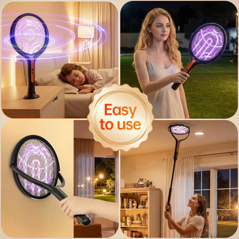 Three In One Rechargeable Electric Fly Swatter With 4200V Bug Zapper, Telescopic Extension, handheld and wall mounted.