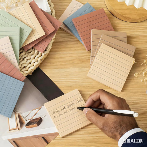 Twenty Four Pack Of 3x3 Inch Lined Sticky Notes With Ultra Strong No Slip Adhesive For Office And School Use shown with a hand writing on a pad