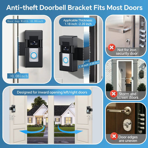 Anti Theft Video Doorbell Mount For Ring And Blink Wireless Doorbells Easy Install No Drill Bracket For Inward Opening Doors Fits 1 2 3 3 Plus 4 And 2023 Release Not Block Motion Sensor For Homes And Apartments Black, shown on inward-opening doors