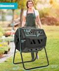 43 Gallon Outdoor Compost Bin With Dual Chamber Tumbler, 360 Degree Spin, Two Sliding Doors, shown in garden setting with dimensions.