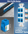 Slim profile design with blue and white RJ45 Cat6A jacks, compatible with Leviton's QuickPort system, showing 90 Degree Angled Speed Termination Keystone Tool Set With 20 Slim Profile RJ45 Cat6A Keystone Jacks Pack 10 Blue 10 White One Hand Punchdown Time Saver For Cat6A 5e Networks.