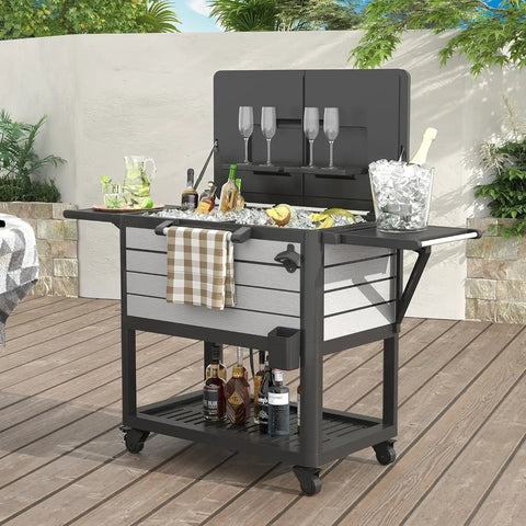 104 Qt Rolling Patio Cooler on Wheels for Poolside Parties Outdoor Beverage Bar Cart with Handles Spacious Ice Chest for Deck BBQ Cookouts Grey Finish Built In Shelf Storage and Bottle Racks
