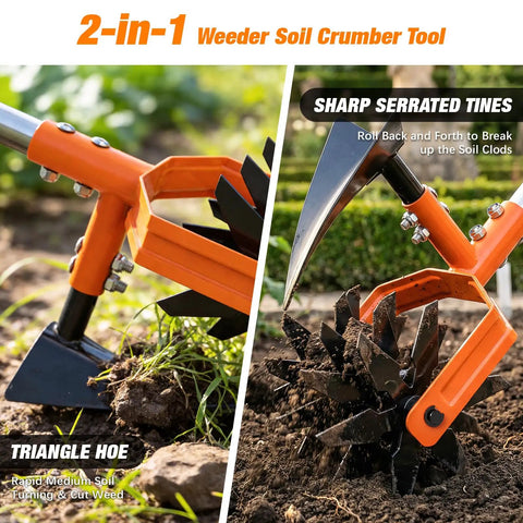 2 In 1 Garden Cultivator And Weeder With Upgraded Triangle Hoe And Rotating Blade Wheels on soil