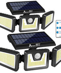 Solar Motion Sensor Flood Lights Outdoors Three Head Design With Wide Coverage And Motion Activated Technology Next Level Cordless No Wiring 1100 Lumens 7000K Daylight IP65 Waterproof Remote Control 2 Pack