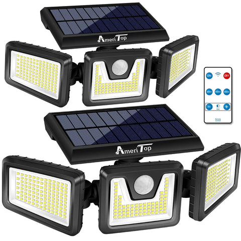 Solar Motion Sensor Flood Lights Outdoors Three Head Design With Wide Coverage And Motion Activated Technology Next Level Cordless No Wiring 1100 Lumens 7000K Daylight IP65 Waterproof Remote Control 2 Pack