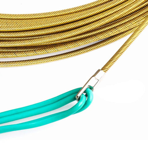 Heavy Duty Universal Fish Tape Wire Threader Tool With Flexible Spring for pulling cables, showcasing steel coil and rubber grip.