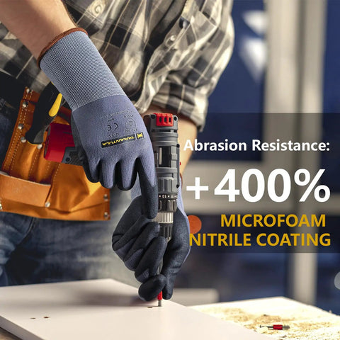 Person using General Purpose Nitrile Coated Work Gloves With Micro Foam Nitrile Grip So Good For Light Oils drilling a surface