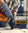 Person using power tool while wearing General Purpose Nitrile Coated Work Gloves With Micro Foam Grip 48 Pairs Seamless Knit Breathable Nylon