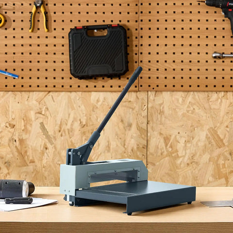 Heavy Duty Manual Plate Shear 12 Inch Guillotine Sheet Metal Cutter For Steel Aluminum Copper Plastic PCB Boards Precision hand tool on workshop table.