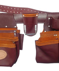 Real Deal Leather Framer’s Rig Tool Belt With 15 Easy-Reach Pockets, Sliding Pouches, brown with two hammer holders
