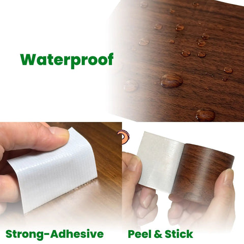 Dark Walnut Wood Grain Repair Tape Slaps Those Nasty Furniture Scratches Dead Flat Instantly With This Heckin Simple Self Adhesive Vinyl Sticker Fix For Cabinets And Tables, showcasing waterproof features and peel-and-stick application.