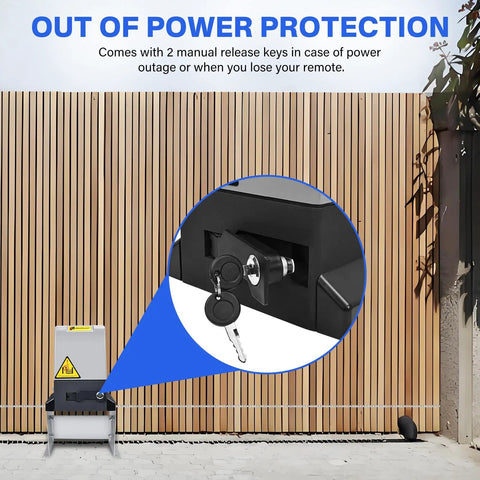 Heavy Duty 4400lb Automatic Sliding Gate Opener Kit with APP Control, showing manual release keys for power outages.