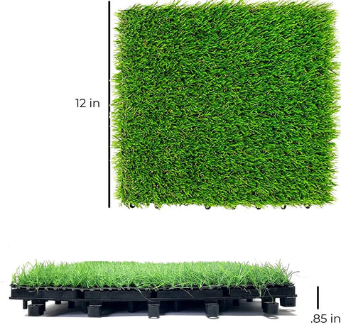 Tool Free Interlocking Artificial Turf Deck Tiles 12x12 Inches Set of 8 for Patio Balcony and Backyard Snap Lock Outdoor Grass Tiles closeup