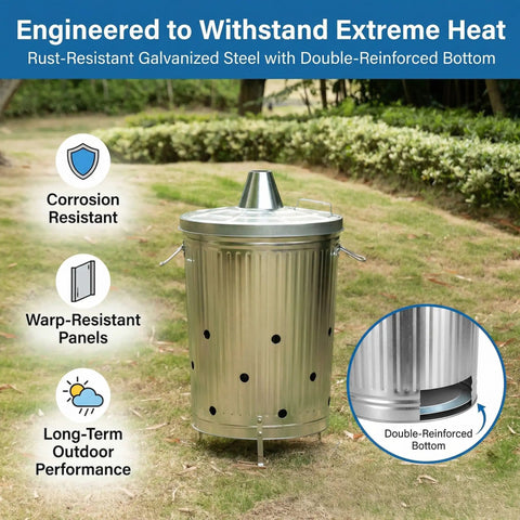 Beefy 20 Gallon Galvanized Steel Incinerator Can With Lid And Vent Holes For Outdoor Burning, shown with features highlighted