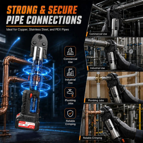 21V Brushless Electric Copper Pipe Crimper in use for commercial and plumbing jobs on copper and stainless steel pipes.
