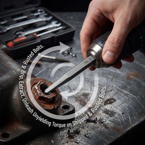 Premium Five Piece Straight Flute Screw Extractor Kit Crafted From Tough Carbon Steel For Stripped Damaged Fasteners Automotive Repair And DIY Jobs That Need Precision Without Ruining Threads. No. 3 extractor removing a rusted bolt
