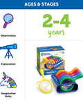Six Jumbo Science Magnifiers With Stand For Kids Ages 3 Plus displayed in a box with colorful handles for easy grip.