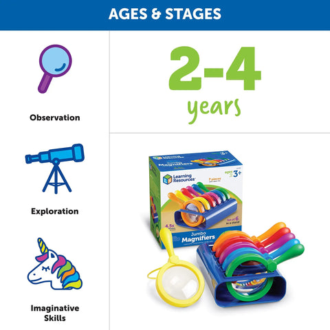 Six Jumbo Science Magnifiers With Stand For Kids Ages 3 Plus displayed in a box with colorful handles for easy grip.