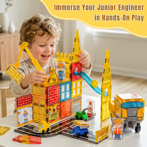 Child playing with Magnetic Tiles Building Set With Road, Crane And Marble Run Two Sided Construction Site And Fire Station