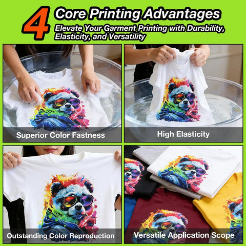 Four images showing DTF Transfer Film Roll results with vibrant designs on white tees; focus on color fastness, elasticity, reproduction.