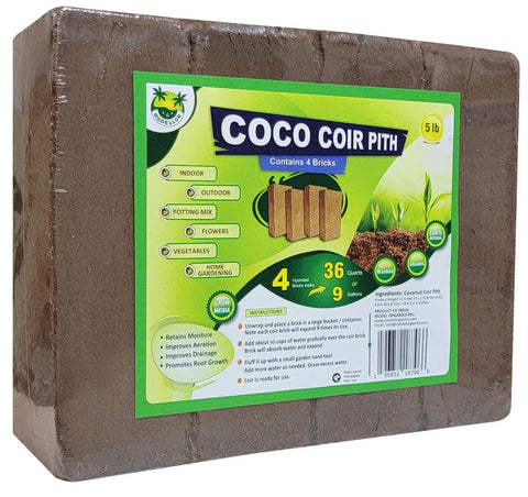 Front view of packaged Four 1.25 Lb Coco Coir Bricks Expand To Nine Gallons, Ultra-Pure No-Rinse Seed Starter Mix, Triple-Washed Low-Salt.