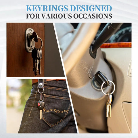 Split Key Rings 2mm Thick 35mm Outer Diameter Open Jump Rings In 304 Stainless Steel For Keychains, DIY Jewelry, Car Key Hanging, 10 Pack Perfect For Crafters And DIY Pros shown holding keys in various situations.