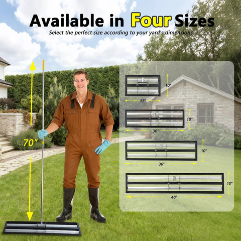 Man demonstrating All Purpose Lawn Leveling Rake With Aluminum Rollers And Stainless Steel Build in four sizes
