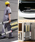 10.5 Foot Telescoping Ladder With Hook folded aluminum extension ladder carried by worker, easy storage