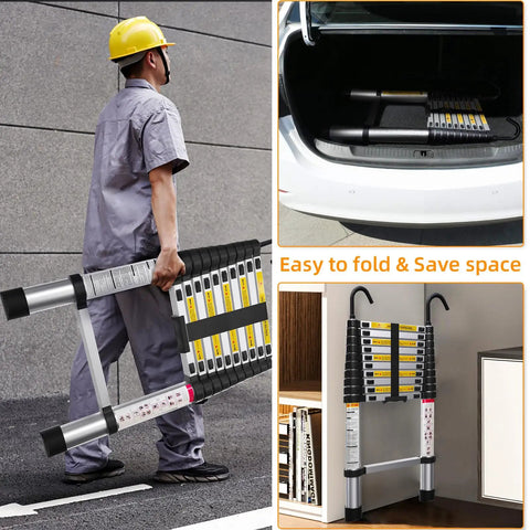 10.5 Foot Telescoping Ladder With Hook folded aluminum extension ladder carried by worker, easy storage