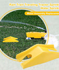 Yellow traveling tractor sprinkler head for lawn and garden, showing wide coverage and durable motor assembly in grass.