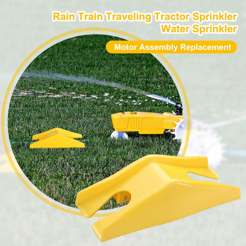 Yellow traveling tractor sprinkler head for lawn and garden, showing wide coverage and durable motor assembly in grass.