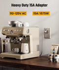 Top Tier Four Pack ETL Certified 2 Prong To 3 Prong Outlet Adapter Gray Heavy Duty Electrical Plug Converter in use with espresso machine.