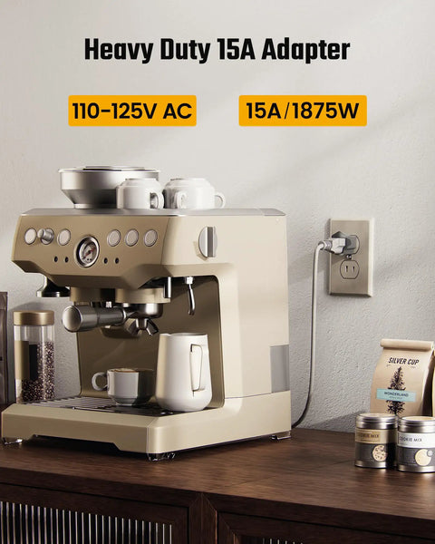 Top Tier Four Pack ETL Certified 2 Prong To 3 Prong Outlet Adapter Gray Heavy Duty Electrical Plug Converter in use with espresso machine.
