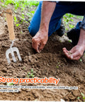 Person using multi tool garden hand shovel and three tooth planting fork with built in rake for planting flowers and vegetables