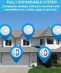 Wireless Motion Sensor LED Light Alarm With 500 Ft Range And Loud Chimes, system showing expandability on house