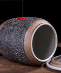 Premium Ceramic Rice Storage Container With Wooden Base Airtight Kitchen Canister For Flour And Grains Artful Chinese Design showing detailed motifs.