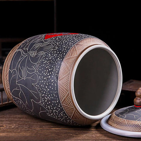Premium Ceramic Rice Storage Container With Wooden Base Airtight Kitchen Canister For Flour And Grains Artful Chinese Design showing detailed motifs.