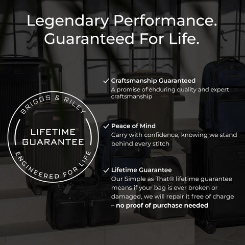 Briggs & Riley black luggage display with lifetime guarantee badge; several wheeled suitcases