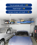 Garage with two cars parked underneath two black overhead garage storage racks holding items, including a kayak.
