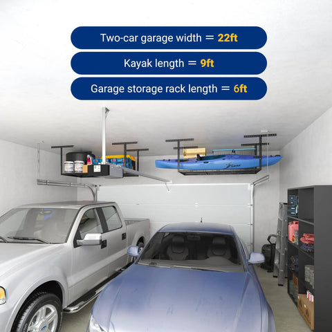 Garage with two cars parked underneath two black overhead garage storage racks holding items, including a kayak.
