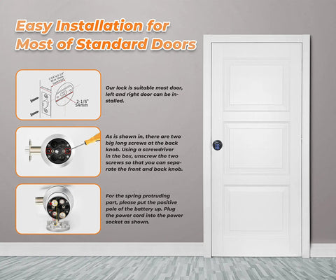 Installation instructions for Keyless Entry Door Knob With Keypad, showing easy install, no extra holes, and screwdriver use.